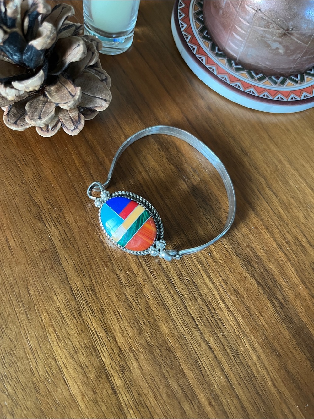 Stamped Navajo Multi-stone Inlay Oval Sterling Silver Bracelet - Picture 5 of 7